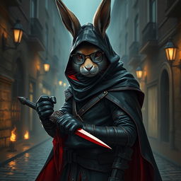 A formidable rabbitfolk bloodhunter, clad in a sleek dark outfit that highlights their role as an assassin