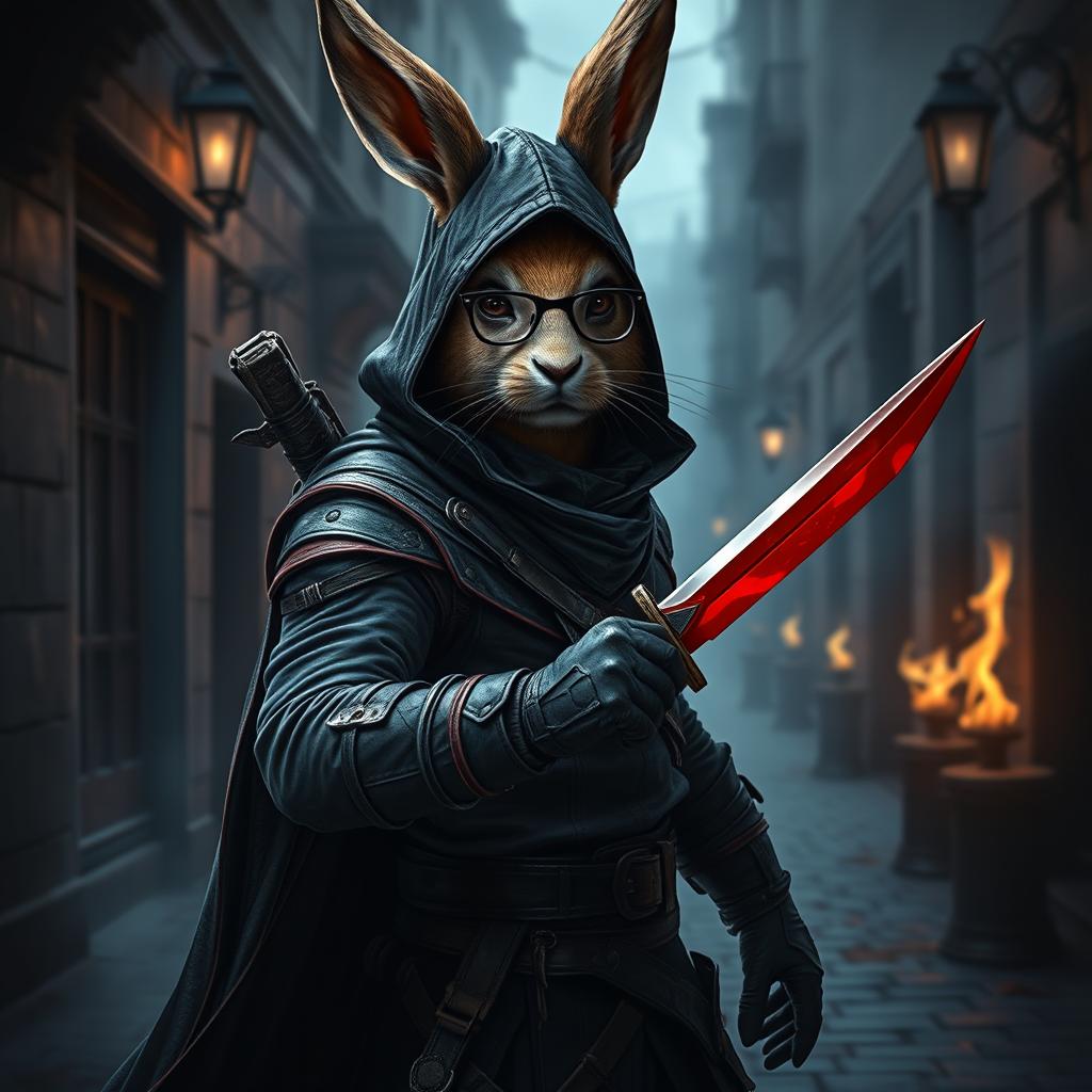 A formidable rabbitfolk bloodhunter, clad in a sleek dark outfit that highlights their role as an assassin