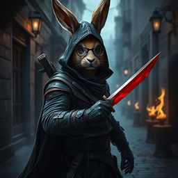 A formidable rabbitfolk bloodhunter, clad in a sleek dark outfit that highlights their role as an assassin