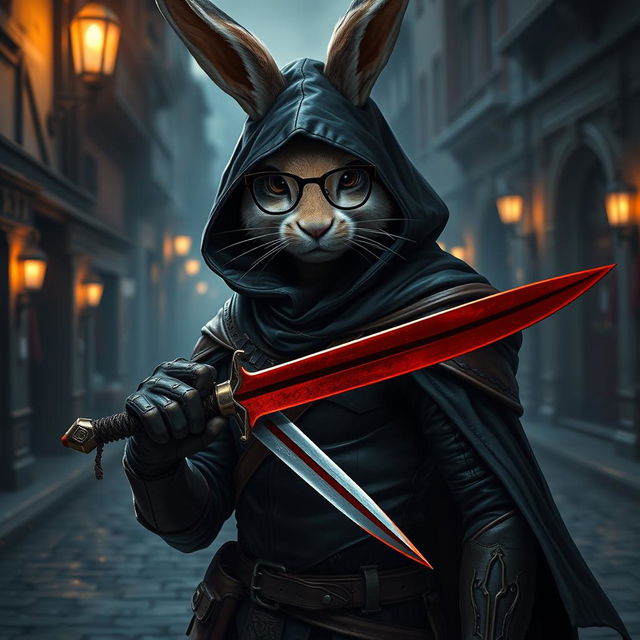 A formidable rabbitfolk bloodhunter, clad in a sleek dark outfit that highlights their role as an assassin