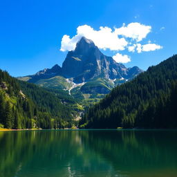 A majestic mountain landscape featuring a towering peak surrounded by lush green forests and clear blue skies