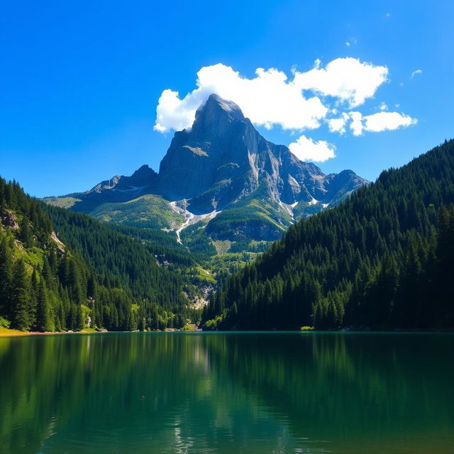 A majestic mountain landscape featuring a towering peak surrounded by lush green forests and clear blue skies