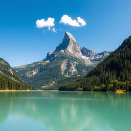 A majestic mountain landscape featuring a towering peak surrounded by lush green forests and clear blue skies