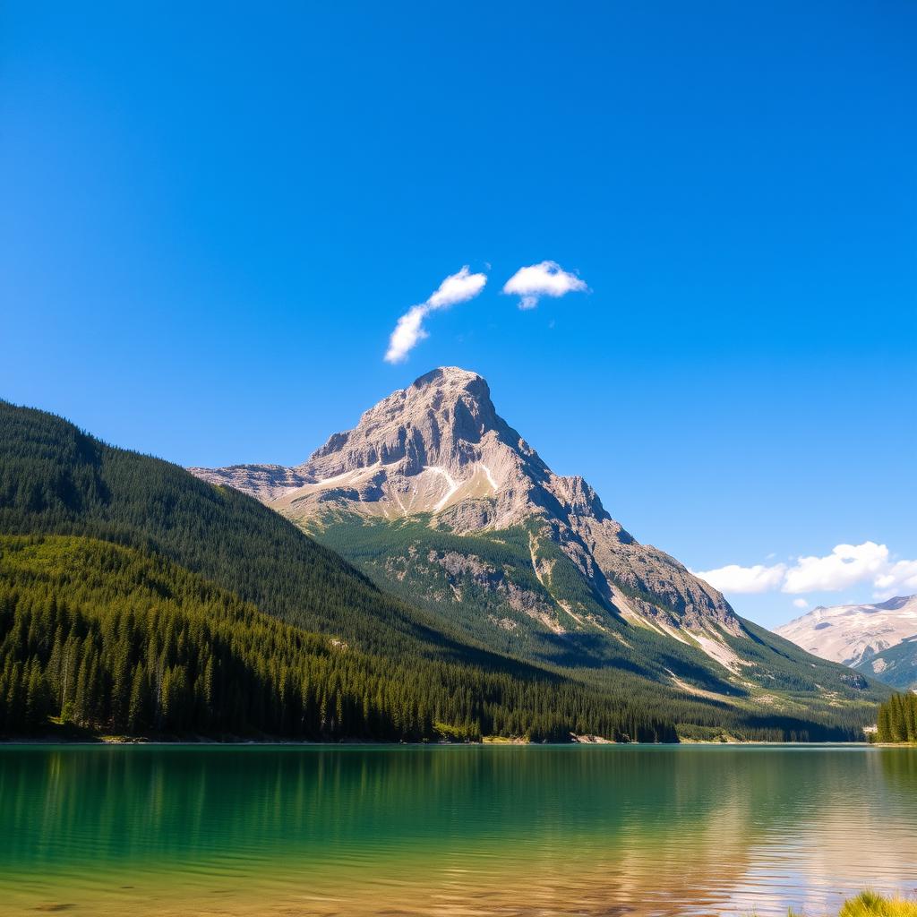 A majestic mountain landscape featuring a towering peak surrounded by lush green forests and clear blue skies