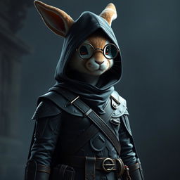 A captivating 3D rendering of a rabbitfolk bloodhunter, donned in a stylish dark outfit that emphasizes their role as an assassin