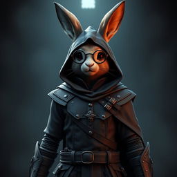A captivating 3D rendering of a rabbitfolk bloodhunter, donned in a stylish dark outfit that emphasizes their role as an assassin