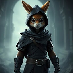 A captivating 3D rendering of a rabbitfolk bloodhunter, donned in a stylish dark outfit that emphasizes their role as an assassin