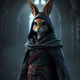 A captivating 3D rendering of a rabbitfolk bloodhunter, donned in a stylish dark outfit that emphasizes their role as an assassin