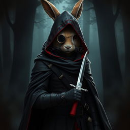 An intriguing rabbitfolk bloodhunter depicted in a dark, stylish outfit that accentuates their role as an assassin