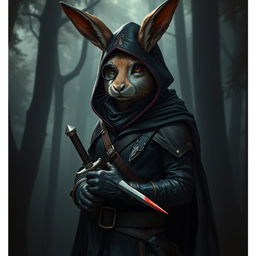An intriguing rabbitfolk bloodhunter depicted in a dark, stylish outfit that accentuates their role as an assassin