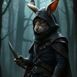 An intriguing rabbitfolk bloodhunter depicted in a dark, stylish outfit that accentuates their role as an assassin