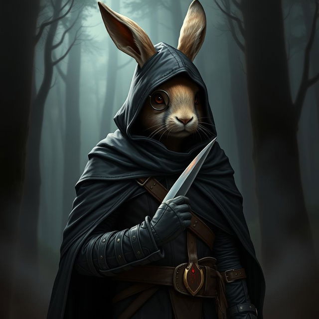 An intriguing rabbitfolk bloodhunter depicted in a dark, stylish outfit that accentuates their role as an assassin