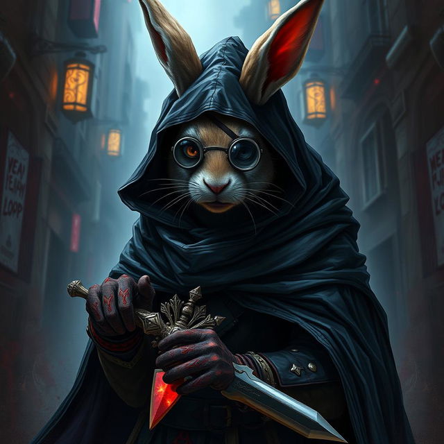 An intense and dramatic depiction of a rabbitfolk bloodhunter, enveloped in a dark outfit that signifies their role as a fearsome assassin