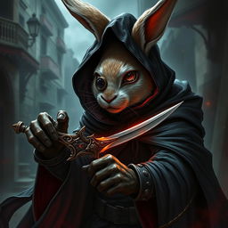 An intense and dramatic depiction of a rabbitfolk bloodhunter, enveloped in a dark outfit that signifies their role as a fearsome assassin