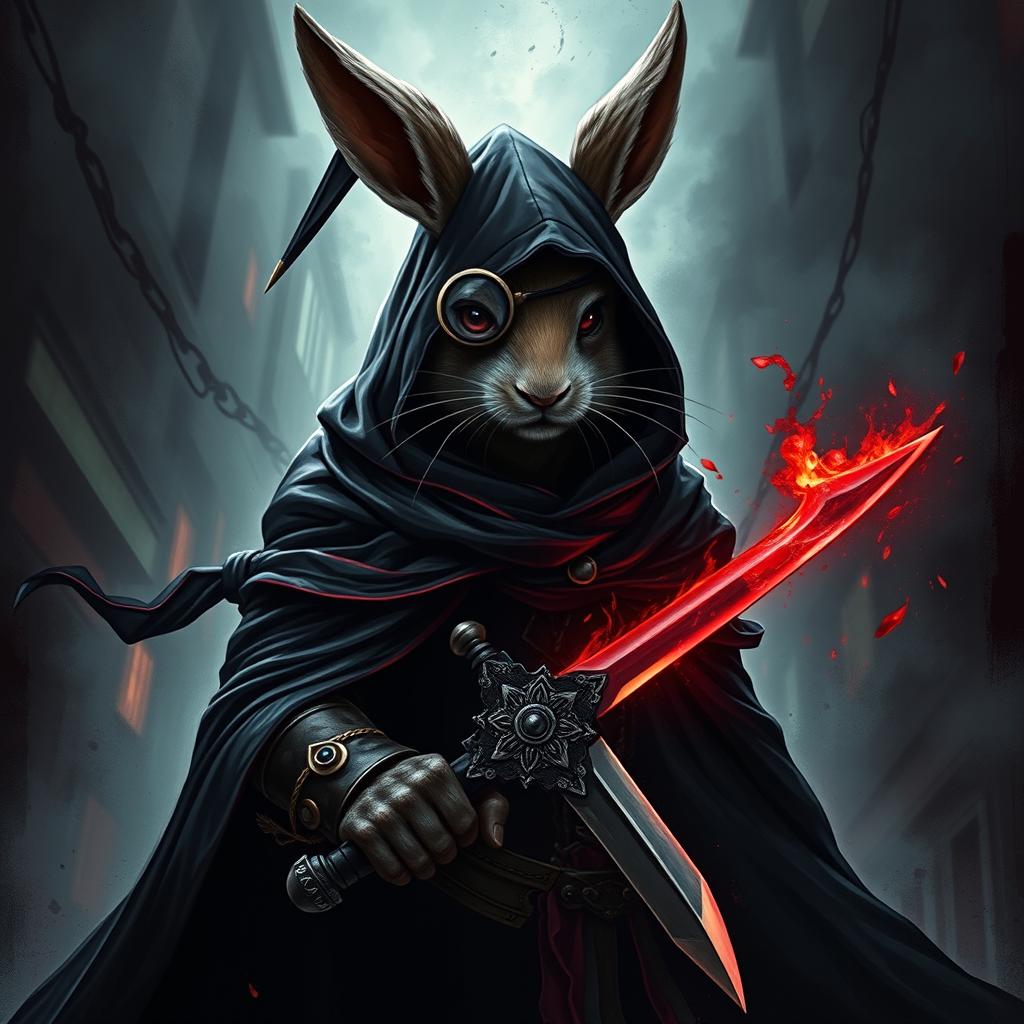 An intense and dramatic depiction of a rabbitfolk bloodhunter, enveloped in a dark outfit that signifies their role as a fearsome assassin