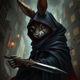 An intense and dramatic depiction of a rabbitfolk bloodhunter, enveloped in a dark outfit that signifies their role as a fearsome assassin