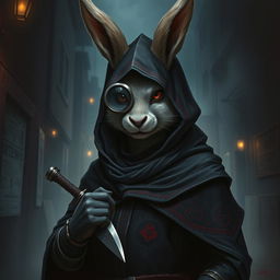 A striking depiction of a rabbitfolk bloodhunter, exuding an aura of danger and intrigue in a dark outfit that emphasizes their role as an assassin