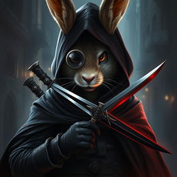 A striking depiction of a rabbitfolk bloodhunter, exuding an aura of danger and intrigue in a dark outfit that emphasizes their role as an assassin