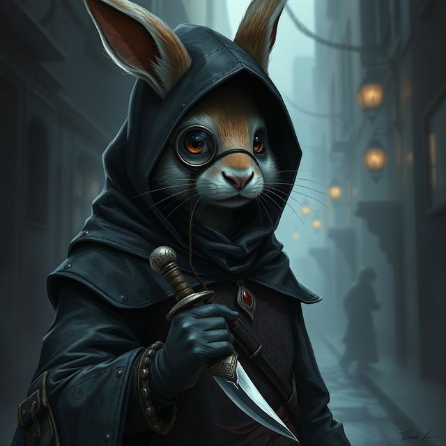 A striking depiction of a rabbitfolk bloodhunter, exuding an aura of danger and intrigue in a dark outfit that emphasizes their role as an assassin