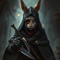 A striking depiction of a rabbitfolk bloodhunter, exuding an aura of danger and intrigue in a dark outfit that emphasizes their role as an assassin