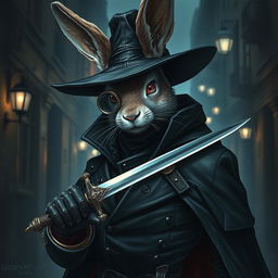 A captivating portrayal of a rabbitfolk bloodhunter, dressed in a sleek dark outfit that exudes an aura of danger and mystery