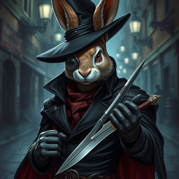 A captivating portrayal of a rabbitfolk bloodhunter, dressed in a sleek dark outfit that exudes an aura of danger and mystery