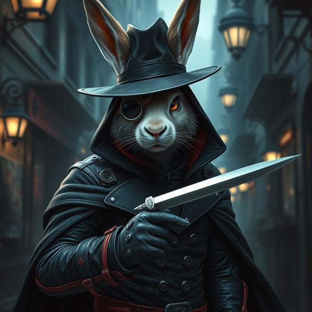 A captivating portrayal of a rabbitfolk bloodhunter, dressed in a sleek dark outfit that exudes an aura of danger and mystery