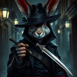 A captivating portrayal of a rabbitfolk bloodhunter, dressed in a sleek dark outfit that exudes an aura of danger and mystery