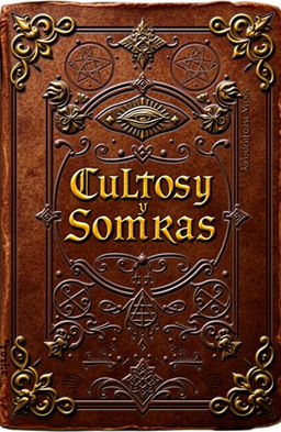 An antique book cover design, featuring the title 'Cultos y Sombras: Un Viaje por las Tradiciones Ocultas del Mundo'