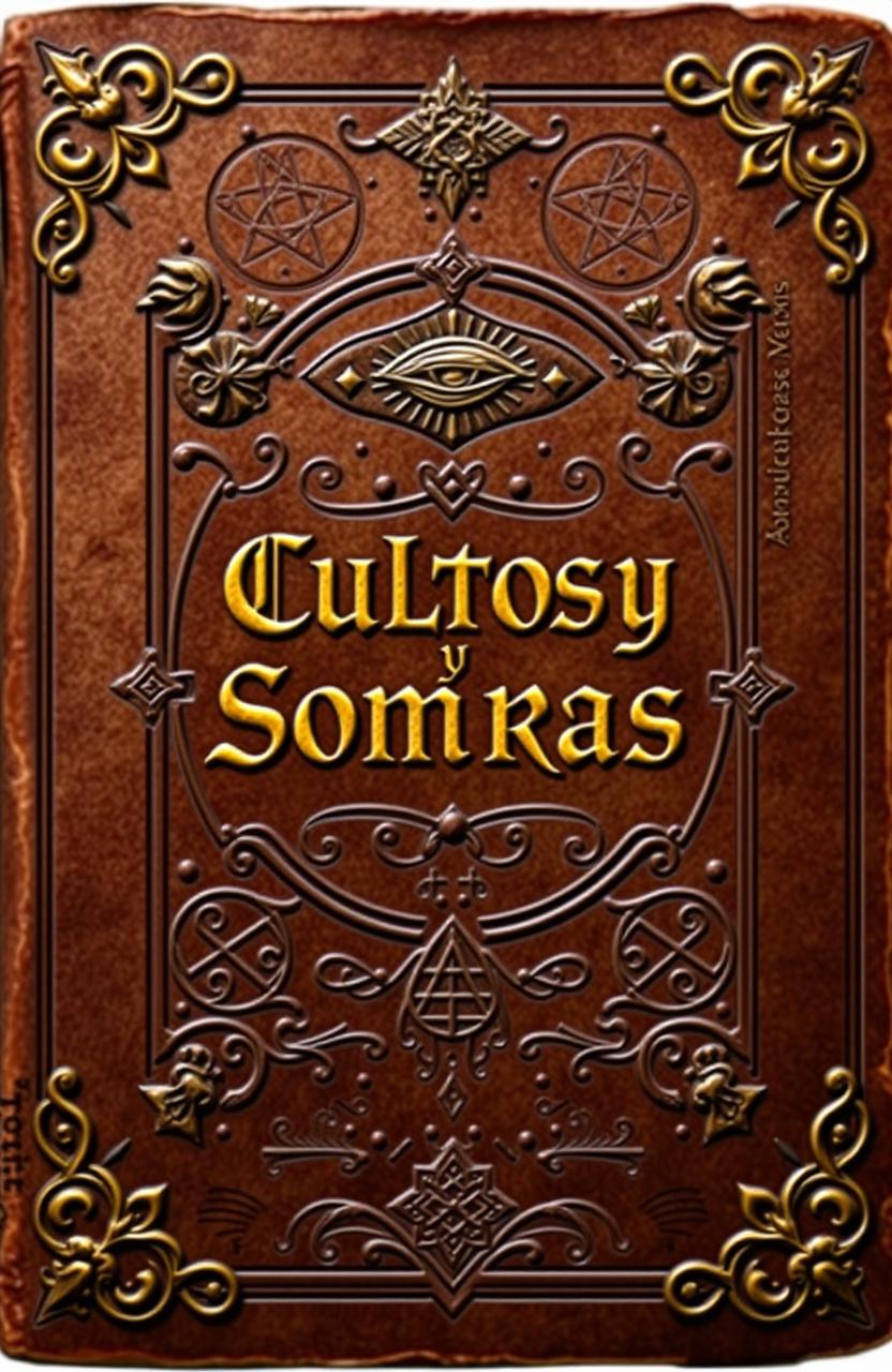 An antique book cover design, featuring the title 'Cultos y Sombras: Un Viaje por las Tradiciones Ocultas del Mundo'