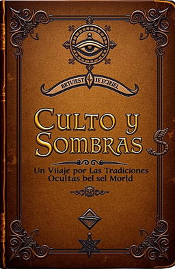 An antique book cover design, featuring the title 'Cultos y Sombras: Un Viaje por las Tradiciones Ocultas del Mundo'