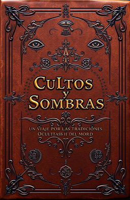 An antique book cover design, featuring the title 'Cultos y Sombras: Un Viaje por las Tradiciones Ocultas del Mundo'