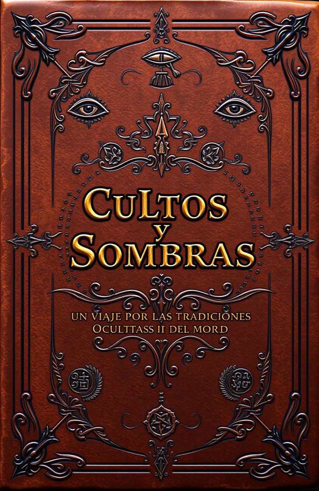 An antique book cover design, featuring the title 'Cultos y Sombras: Un Viaje por las Tradiciones Ocultas del Mundo'