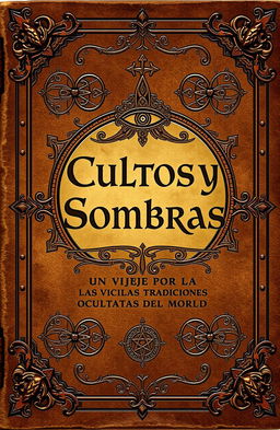 An antique book cover design, featuring the title 'Cultos y Sombras: Un Viaje por las Tradiciones Ocultas del Mundo'