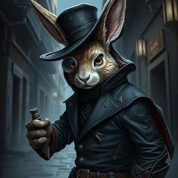 A striking portrayal of a rabbitfolk bloodhunter, exuding an aura of menace and skill in a dark outfit that highlights their role as an assassin
