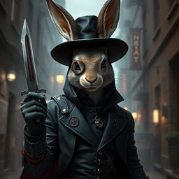 A striking portrayal of a rabbitfolk bloodhunter, exuding an aura of menace and skill in a dark outfit that highlights their role as an assassin