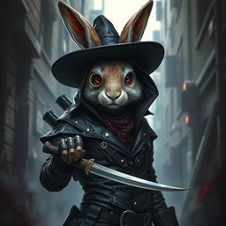 A striking portrayal of a rabbitfolk bloodhunter, exuding an aura of menace and skill in a dark outfit that highlights their role as an assassin