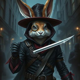 A striking portrayal of a rabbitfolk bloodhunter, exuding an aura of menace and skill in a dark outfit that highlights their role as an assassin