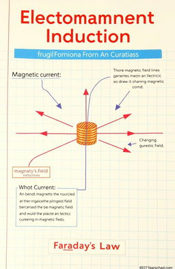 A detailed educational diagram illustrating electromagnetic induction in physics, featuring a coil of wire generating an electric current when placed within a changing magnetic field