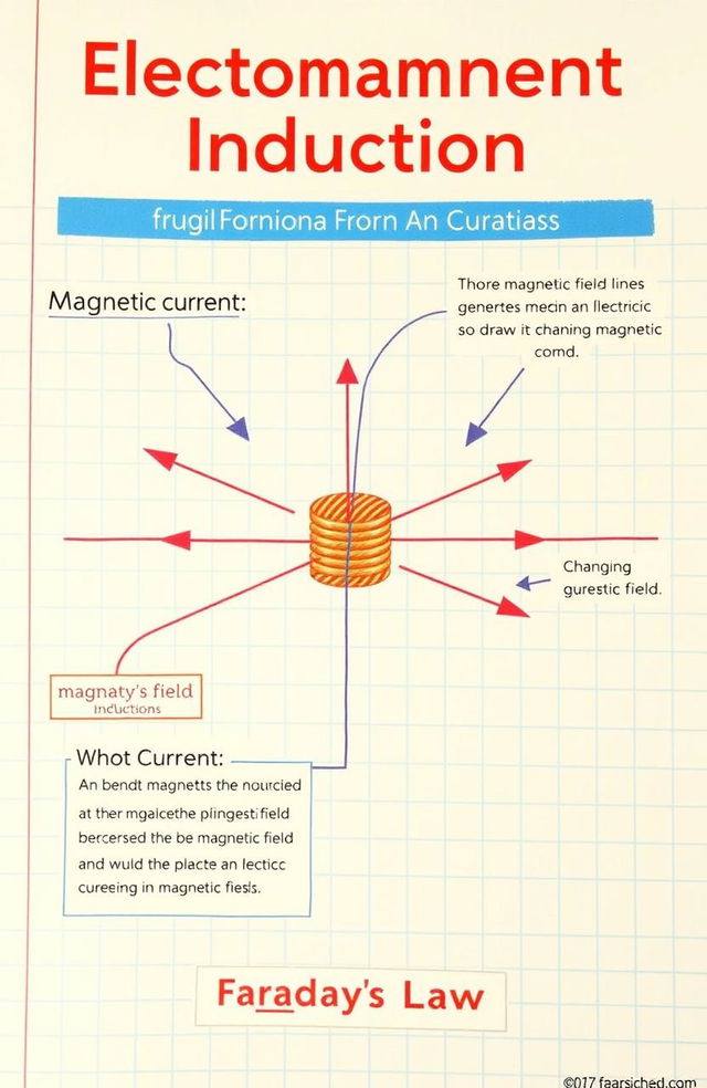 A detailed educational diagram illustrating electromagnetic induction in physics, featuring a coil of wire generating an electric current when placed within a changing magnetic field