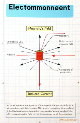 A detailed educational diagram illustrating electromagnetic induction in physics, featuring a coil of wire generating an electric current when placed within a changing magnetic field