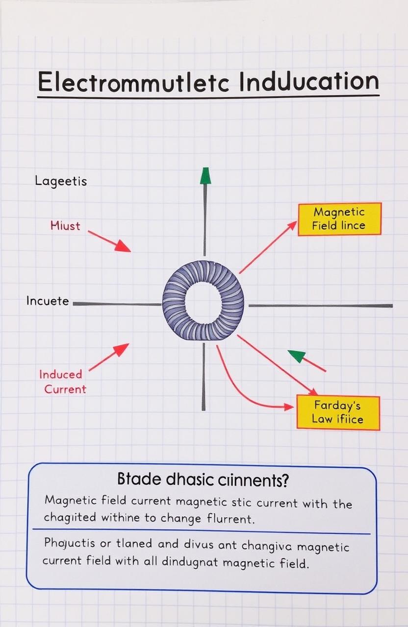 A detailed educational diagram illustrating electromagnetic induction in physics, featuring a coil of wire generating an electric current when placed within a changing magnetic field
