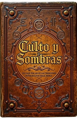 An ancient book cover design featuring the title 'Cultos y Sombras: Un Viaje por las Tradiciones Ocultas del Mundo' in ornate, vintage typography