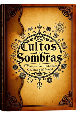 An ancient book cover design featuring the title 'Cultos y Sombras: Un Viaje por las Tradiciones Ocultas del Mundo' in ornate, vintage typography
