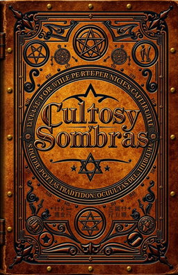 An ancient book cover design featuring the title 'Cultos y Sombras: Un Viaje por las Tradiciones Ocultas del Mundo' in ornate, vintage typography