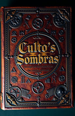 An ancient book cover design featuring the title 'Cultos y Sombras: Un Viaje por las Tradiciones Ocultas del Mundo' in ornate, vintage typography