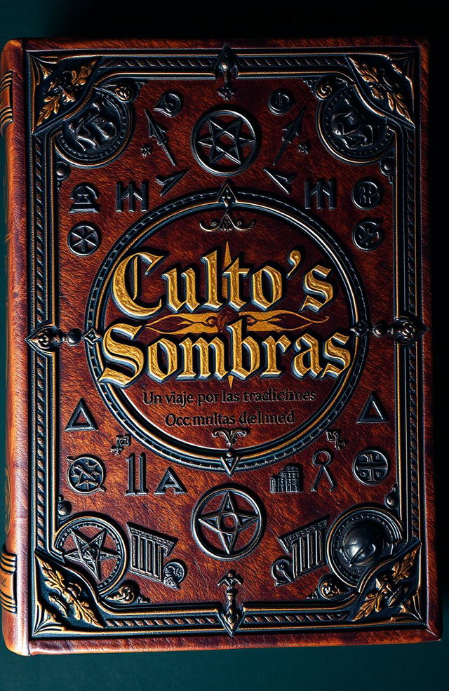 An ancient book cover design featuring the title 'Cultos y Sombras: Un Viaje por las Tradiciones Ocultas del Mundo' in ornate, vintage typography