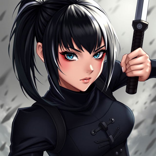 A striking girl with jet-black hair featuring white streaks, styled with bangs and pulled back into a sleek ponytail