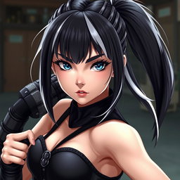 A striking girl with jet-black hair featuring white streaks, styled with bangs and pulled back into a sleek ponytail