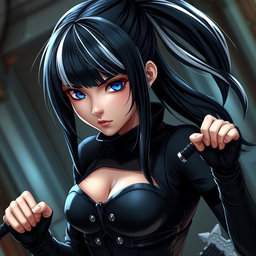 A striking girl with jet-black hair featuring white streaks, styled with bangs and pulled back into a sleek ponytail